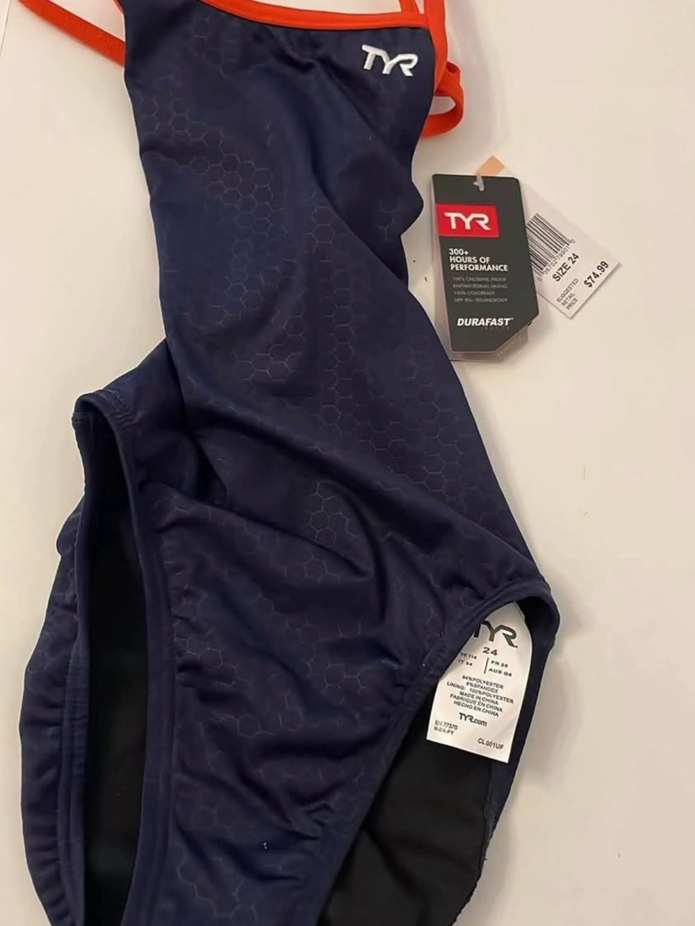 NWT TYR DuraFast One Piece Swimsuit Navy Orange Size 24